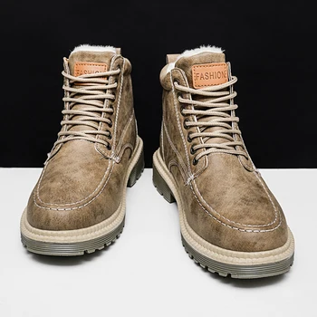 

Men Winter Warm Fur Plush Suede Leather & Waterproof Fabric Ankle Snow Boots Male High Top Anti Slip Rubber Work Safety Shoes