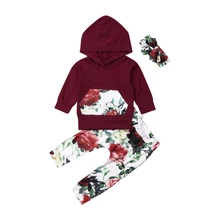 Комплект одежды для новорожденных девочек, топы с капюшоном и цветочным принтом, длинные штаны, повязка на голову, комплект одежды из 3 предметов, комплекты костюмов для младенцев