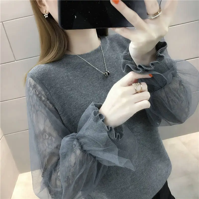 

Women's 2020 New Style for Autumn and Winter Mesh Lace Stitching Sweater Short Long Sleeve Sweater