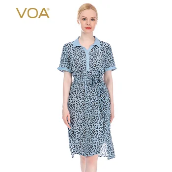 

VOA Blue Leopard Print Silk Lapel Short Sleeve Mix Material Stitching Strap Waist Hugging Slit Slim Dress AX610