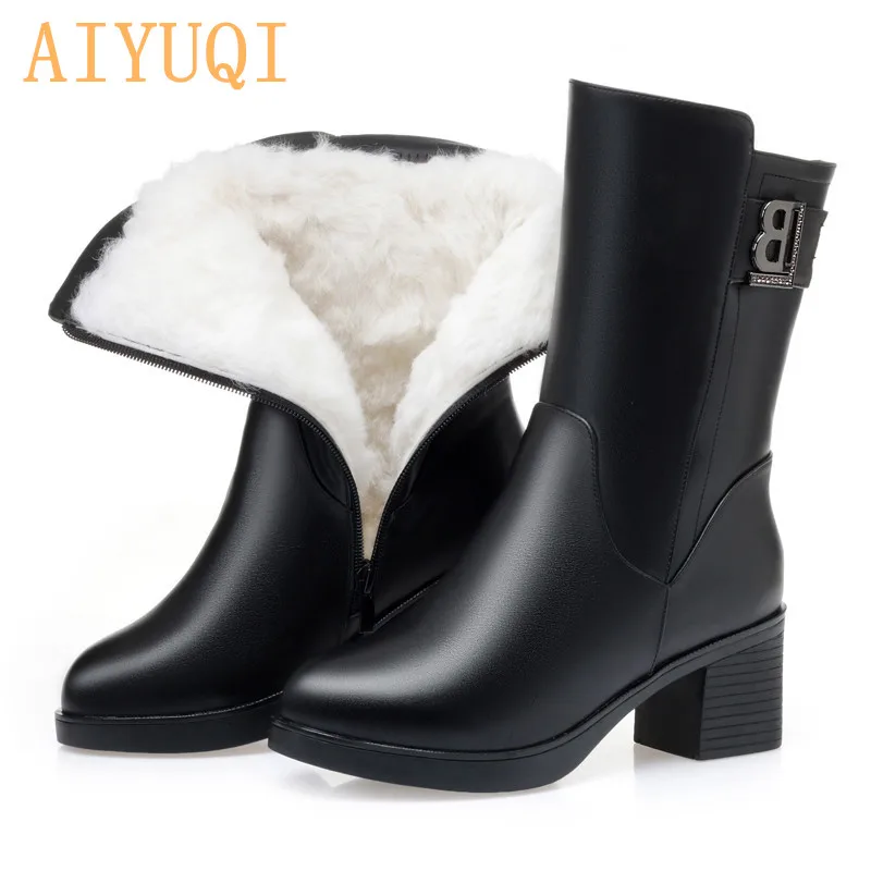 

AIYUQI Snow Boots Women 2019 New Fashion Warm Thick Wool Natural High heel Shoes Woman Genuine Leather Winter Boots For Women