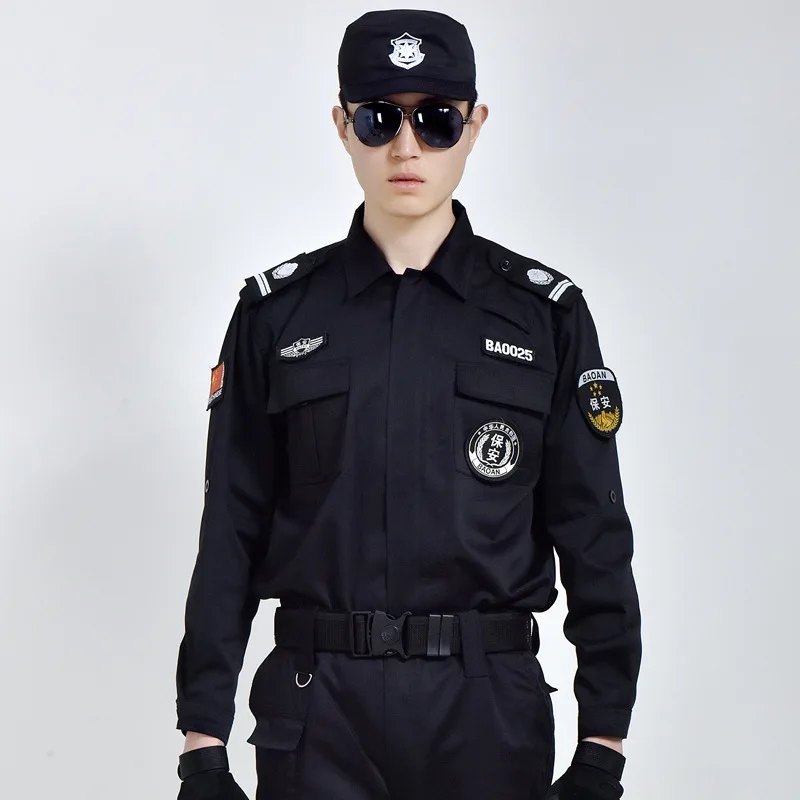 

Security Staff Work Clothes Spring Autumn Winter Set Men's Thick Long Sleeve Property Uniform Black And White with Pattern Breat