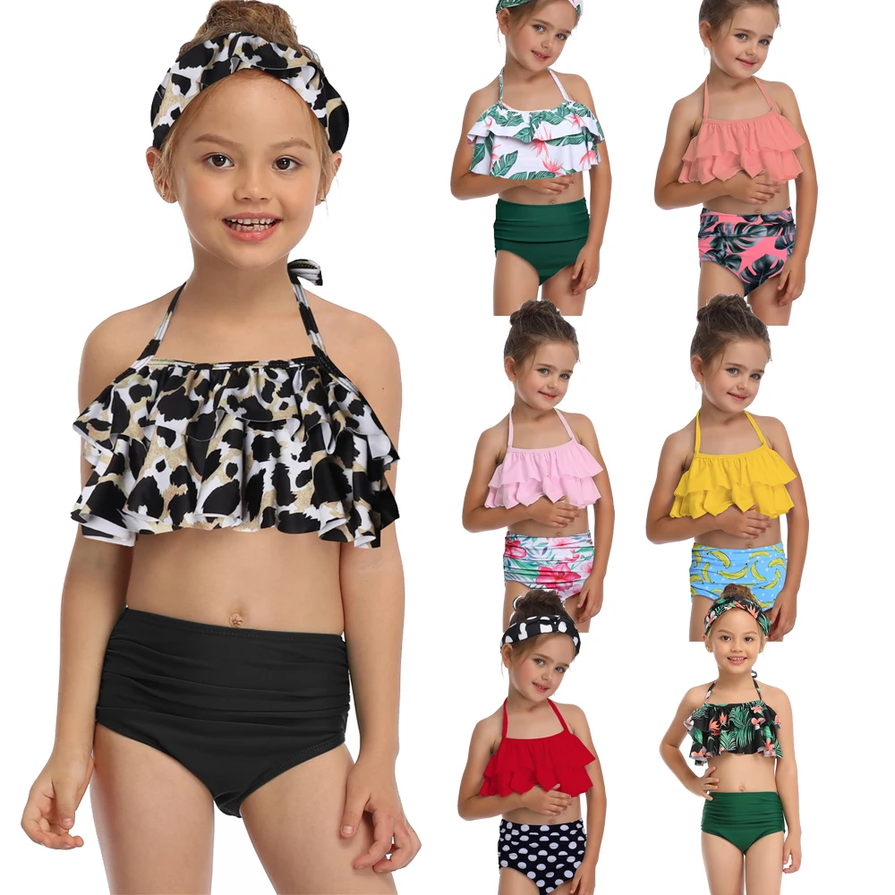 Conjunto de Bikini con estampado de hojas verdes para niñas y niños, trajes de baño para niños de 2 a 14 años, 2021