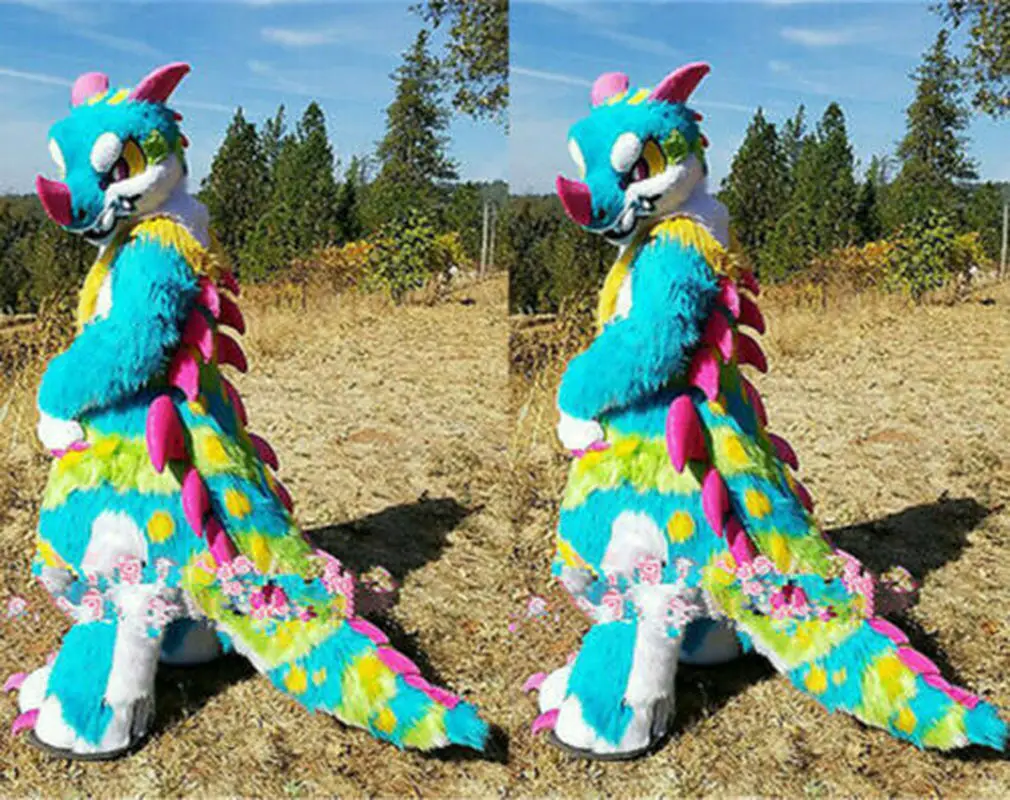 Halloween Long Fur Colored Dragon Fursuit Mascot Costume Suit Cosplay Fancy Dress Adults Birthday GiftsFurry | Тематическая одежда