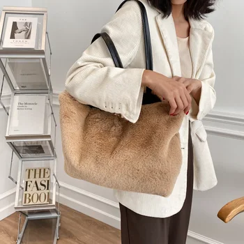 

Cute Women's Bucket Bag 2020 New Winter Soft Warm Plush Handbag for Ladies Female Shoulder Tote Travel Bags Casual High-Capacity
