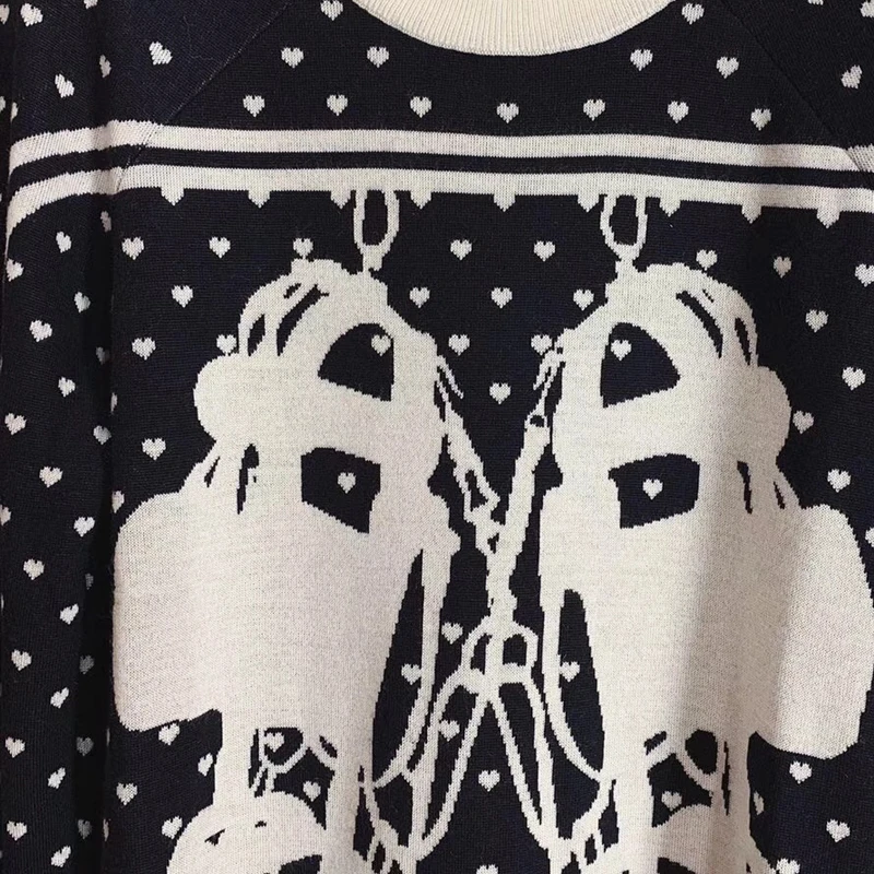 Women Knitted Dress Autumn O-neck Casual Full Sleeve Cartoon Print Dress Fashion Women New Dress
