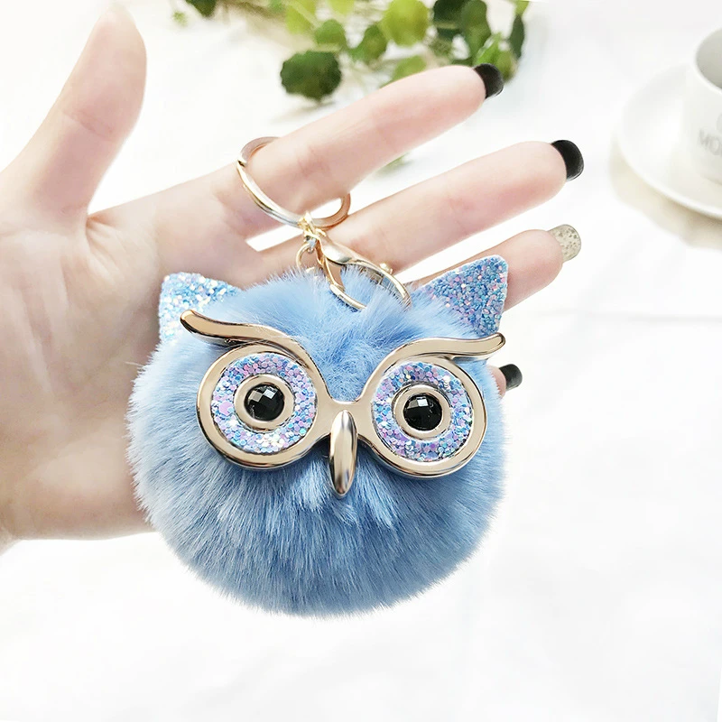 

Blue Owl Hairball Keychain for Women Fashion Creative Plush Bag Pendant Key Chain for Female Gifts for Women 2019