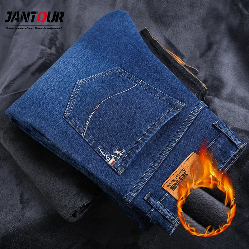 Pantalones vaqueros rectos informales para hombre, pantalón térmico, cálido, de franela, elásticos, gruesos, de talla grande, 28 a 46