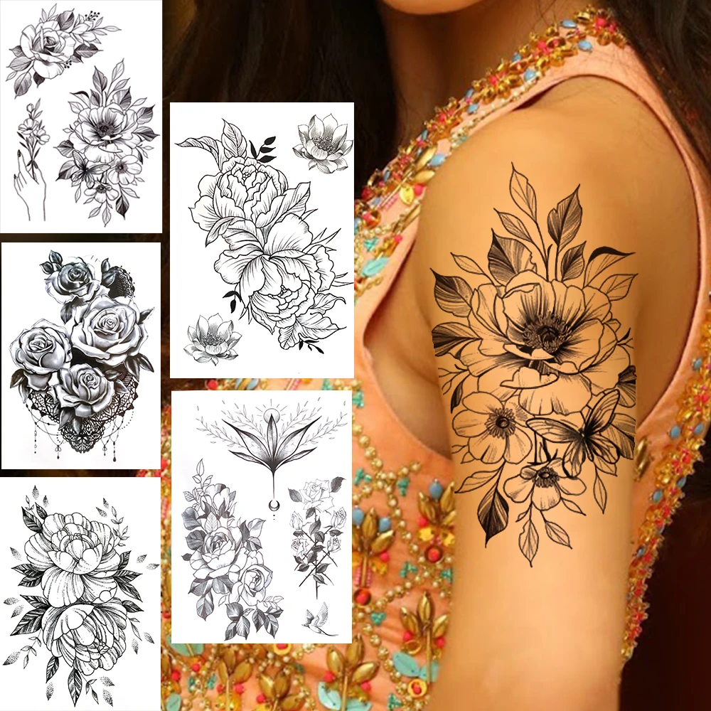 

Rose Peony Temporary Tattoos For Women Girls Black Lotus Dahlia Daffodil Henna Flower Tattoo Sticker Fake Jewelry Tatoos Arm Leg