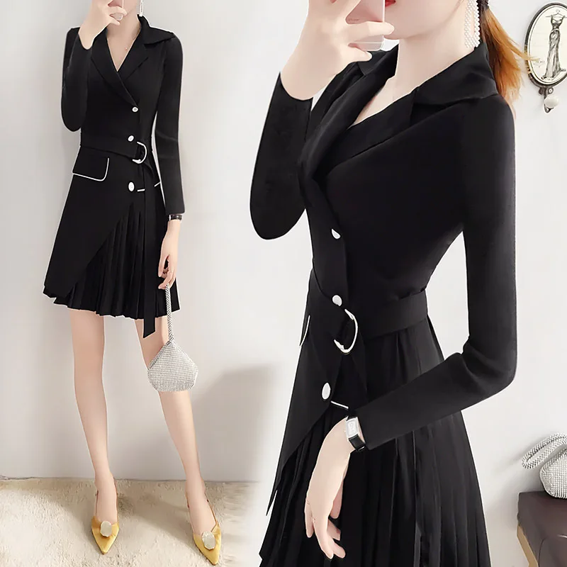 

Early Autumn Black Suit Dress Autumn Clothing 2019 New Style WOMEN'S Dress Waist Hugging Slimming Popular Pleated Skirt Elegant