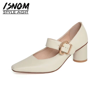 

ISNOM Leather Shoes Woman Buckle Strip Thick High Heels Pumps Women Square Toe Mary Janes Shoes Ladies Pumps Elegant