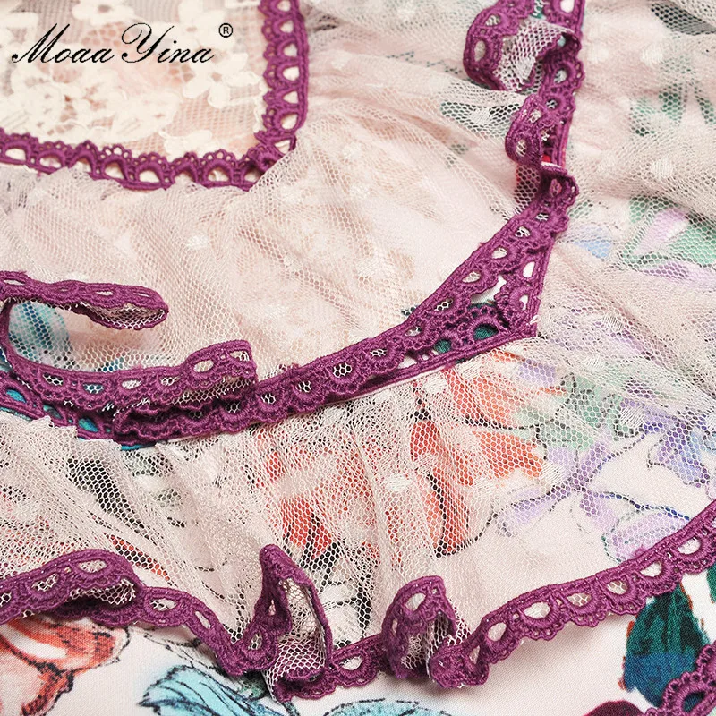 MoaaYina модное дизайнерское подиумное платье Весна Лето Женское платье воротник стойка сетка оборки цветочный принт платья