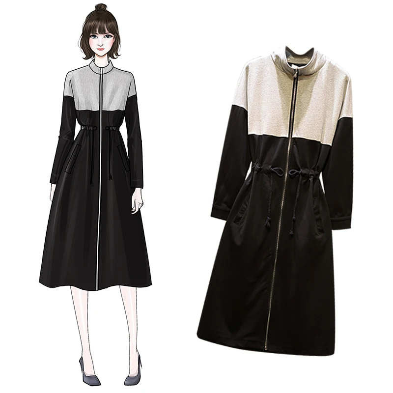 

Large-size Women's Autumn Dress 2019 New Fashion Stitching Zipper Mid-long Half-high Collar Dress