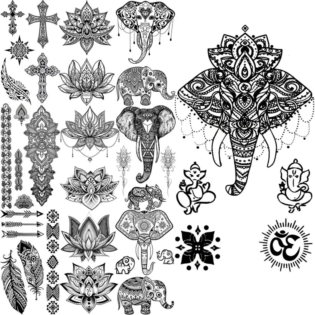 

Black Elephant Temporary Tattoos For Women Men Realistic Feather Cross Lace Lotus Arrow Fake Tattoo Sticker Chest Arm Tatoos 3D