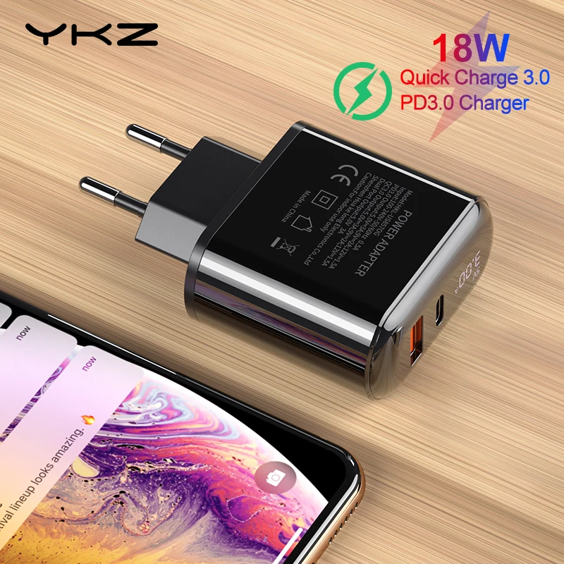 

YKZ 18W Quick Charge 3.0 USB Charger LED Display QC3.0 QC Type C PD Fast Charging Travel Wall Charger for iPhone X 8 Samsung S10