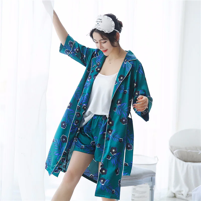 

Sexy Women Bathrobe + Cami Tops + Shorts Pajamas Set Three Pieces Short Pants Summer Sleepwear Satin Silk Nightwear High Grade