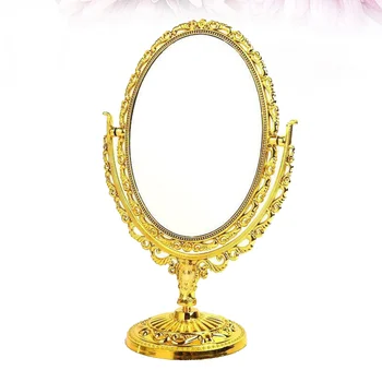 

1Pc European Style Cosmetic Mirror Desktop Makeup Mirror Retro Double Sided Oval Mirror for Home Bathroom Bedroom (Golden)