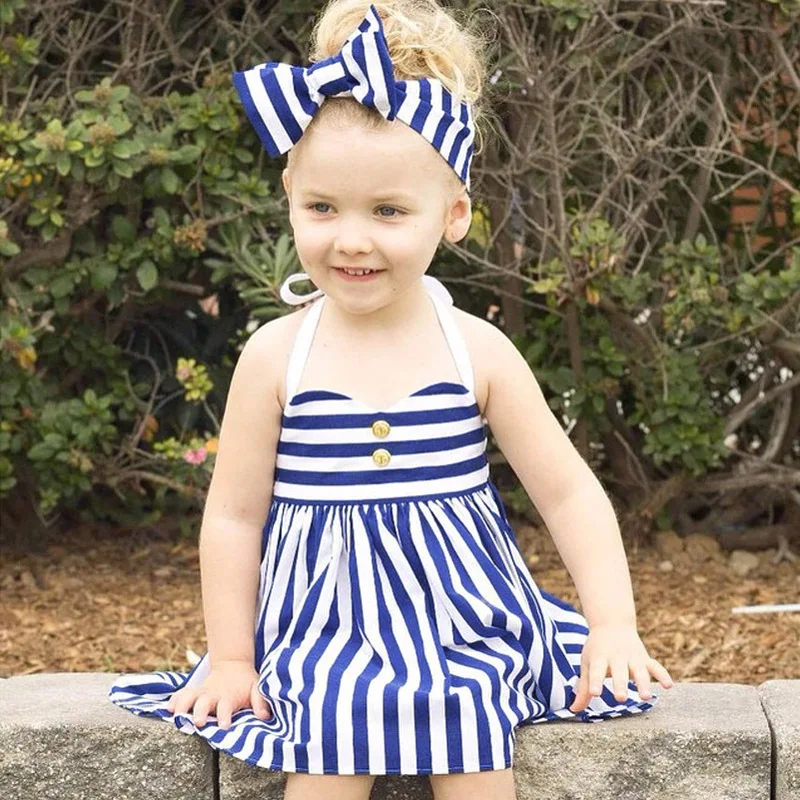 

2019 Summer INS Hot Selling New Style Girls Stripes Camisole Navy Style Dress + Hair Band Dress Two-Piece Set