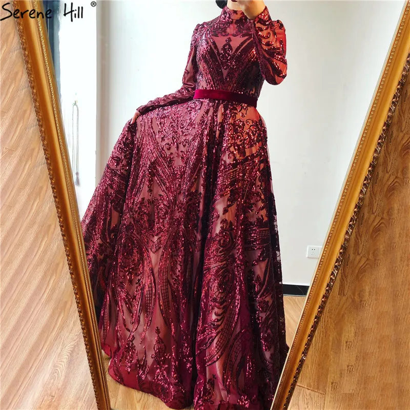 Мусульманские Вечерние платья с полным покрытием винно-Красного цвета Роскошные вечерние платья трапециевидной формы с длинным рукавом и блестками настоящая фотография LA60799