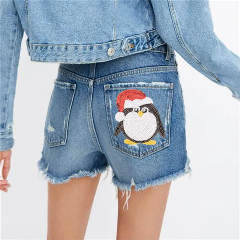 Одежда женская футболка топ патч мультфильм пингвин блестки дело с ним футболка для девочек железные нашивки для одежды рождественские наклейки