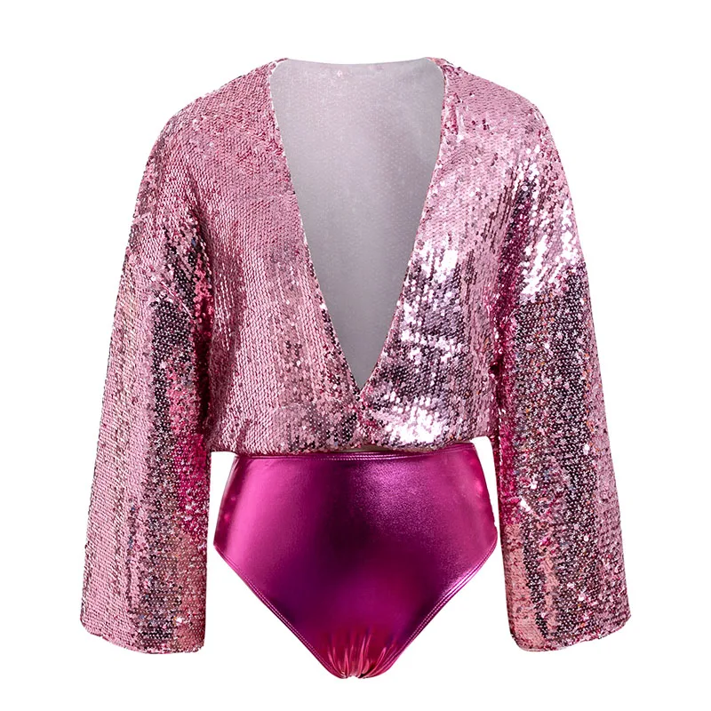 G19JU6350-2 Misswim sequin jumpsuit deep v-neck pink short jumpsuit Elegant women party night shiny bodysuit overall silver bodycon new - Цвет: G19JU6350-2
