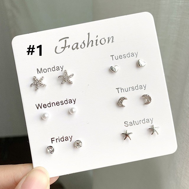 Pairs Week Days Choices Stud Earrings For Women 2021 Trend Fashion Simple Korean Ear Studs Pearl Crystal One Week Earring Set
