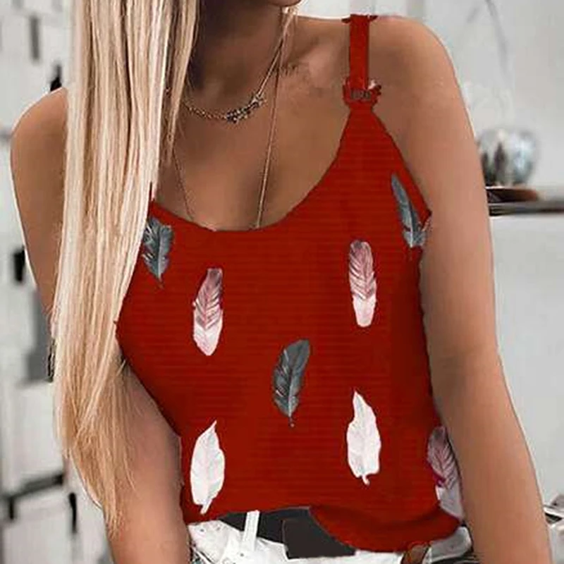 Plumage Printed Women'S Tank Top U-Neck Spaghetti Strap Camisole Sleeveless Beach Style Summer Tops Shoulder Buckle Tops cheap bras