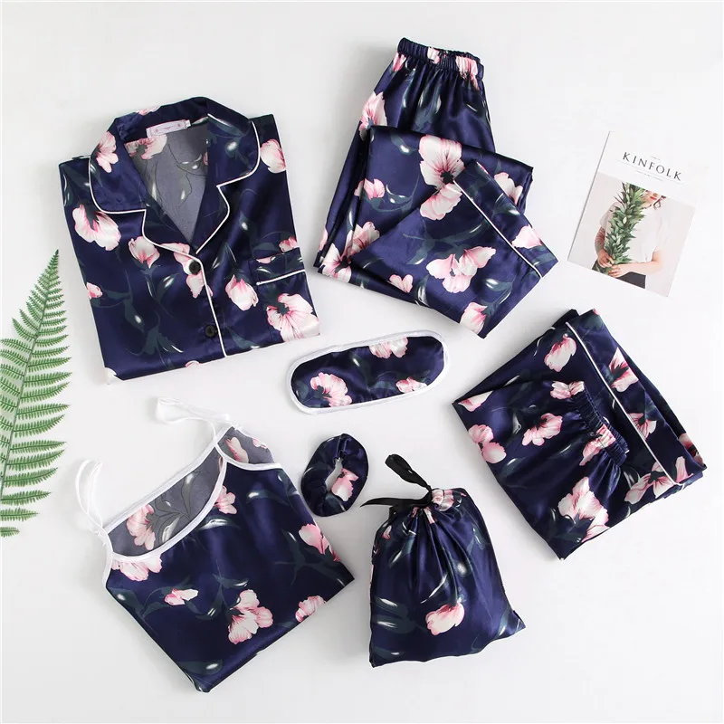 

Korean-style Pajamas Women's Summer Viscose Seven Sets of Model Silk Camisole-Spring And Autumn Days Long Sleeve Homewear Set