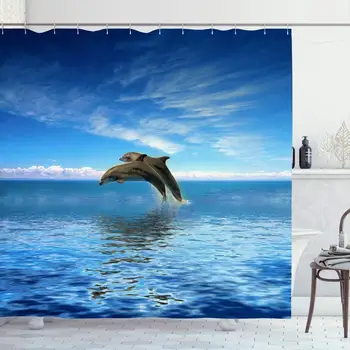 

Shower Curtain Set with Hooks for Bathroom 60x72 Dolphins Pacific Water Animals Nose Together Swimming Joy Wildlife Show Swimmer