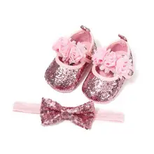 0 18m aniversário infantil bebê recém nascido meninas sapatos bowknot lantejoulas princesa sapatos primeiros caminhantes + hairband