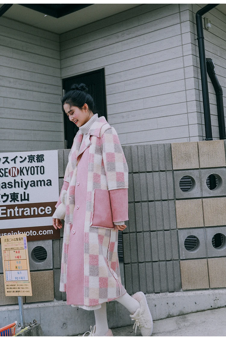 AIGYPTOS осенне зимняя женская одежда корейская элегантная Милая Повседневная Свободная клетчатая двухсторонняя замшевая смесь из овечьей шерсти розовое длинное пальто