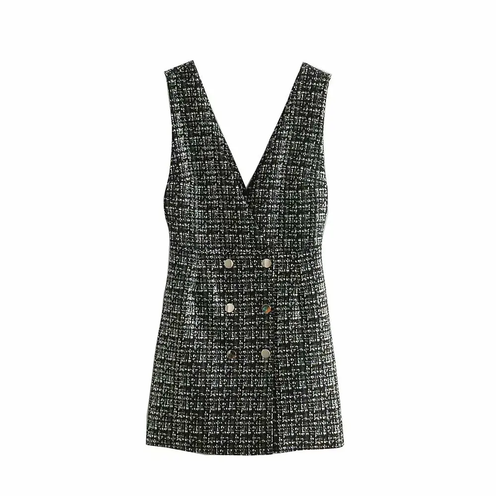 

Fh-742 Spring And Summer New Style 2019 Suede Textured Effect Thousands of Birds A- line Double Breasted Waistcoat Dress