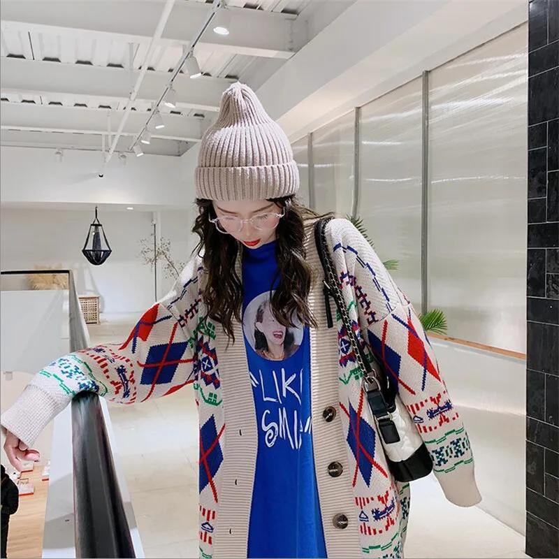 

Women's Cardigan 2019 New Spring Loose Knit Top Geometric Shape Long Sleeve Thicken Warm Spring Autumn Jacket