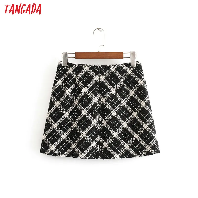 Tangada women tweed plaid mini skirt zipper female office lady stylish chic A line skirts 3H419
