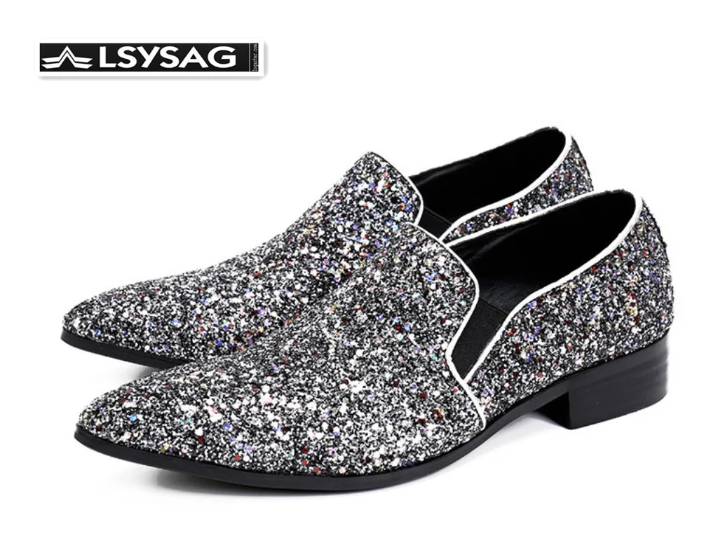 

Fashion Silver Sequins Men Dress Shoes Italian Pointed Toe Men Leather Shoes Wedding Banquet Formal Shoes Slip On