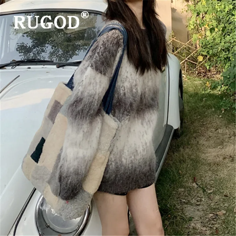 RUGOD женский свитер больших размеров, пуловеры в стиле панк, градиентный цвет, круглый вырез, утолщенный теплый свитер, модные женские топы