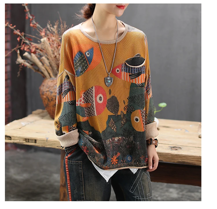 Coffee new printed cotton and linen patchwork round collar sweater loose women's coat autumn wear short sweater A0BZ4