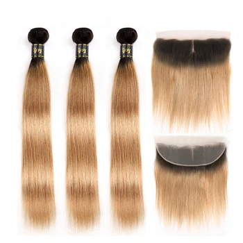 

Ombre 27 Honey Blonde 3 Bundles With 4x13 Lace Frontal Straight Bundles 8-26 Brazilian Human Hair Pre-Colored Hair Non-Remy IJOY