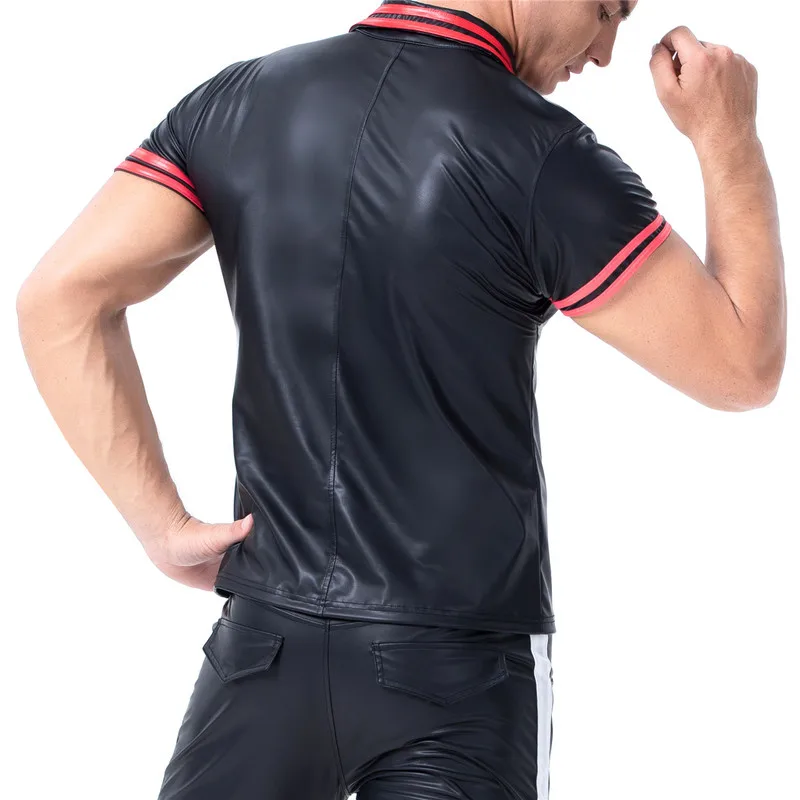Мужские футболки из искусственной кожи с коротким рукавом для коррекции фигуры, уличная одежда размера плюс, ночные рубашки, вечерние Клубные сексуальные рубашки для геев, сорочка XXL