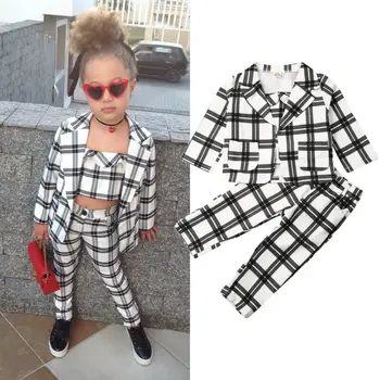 

2-7Years Toddler Kids Baby Girl Clothing Set Autumn Winter Long Sleeve Plaid Coat Vest Pants Outfit Children Set