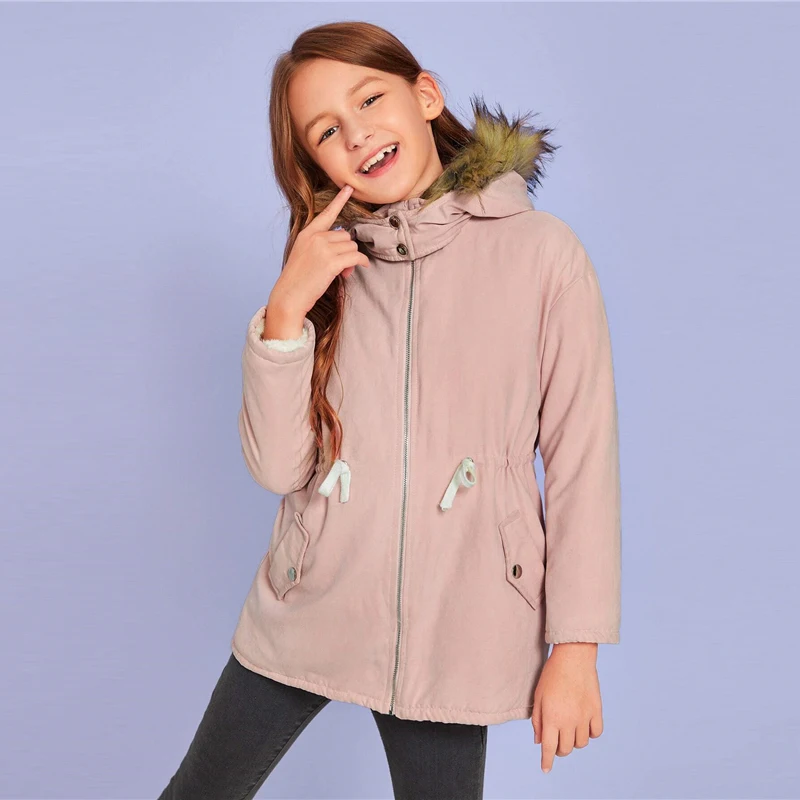 SHEIN/однотонная Зимняя парка с искусственным мехом и завязками на талии; детское осеннее пальто на молнии с длинными рукавами и разрезом спереди; повседневные пальто