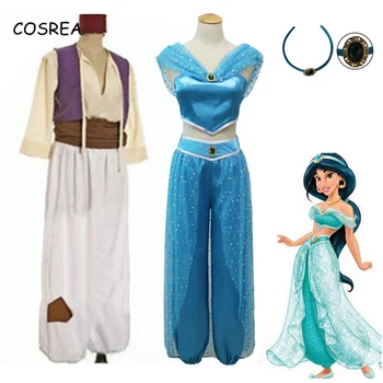 

Aladdin and The Magic Lamp Cosplay Men Aladdin Costume Princess Jasmine Women Blue Top Pants Set Suit Hat Vest Fancy Dress Girls