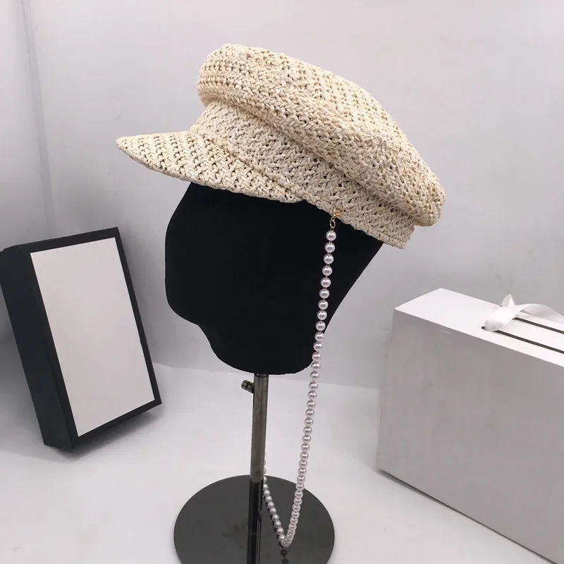 

2019 summer new fashionable joker small sweet wind pearls straw hat shading breathable cap beret