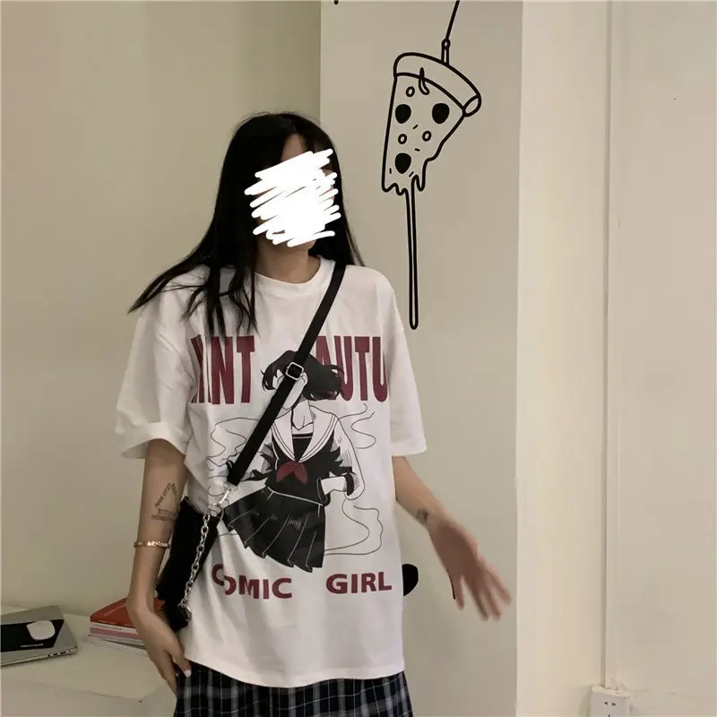 O-neck T-shirt women Harajuku japan style Sweet Girls Tops tee E-girl Y2K clothes goth top Summer street Print Short Sleeve