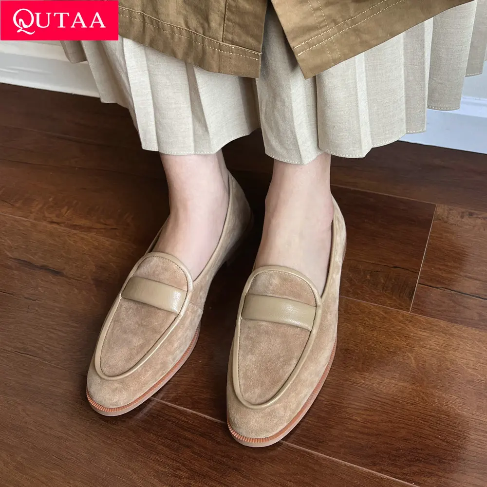 

QUTAA 2022 Women Kid Suede Round Toe Spring Summer Flat Heels Elegant Basic Slip On Female Shoes Big Size 34-40
