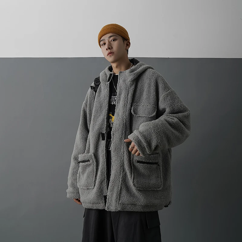 

Winter Lamb Fur Jacket Men Warm Fashion Parka Men Solid Color Hooded Coat Man Wild Loose Retro Multi Pocket Thicken Jacket Male