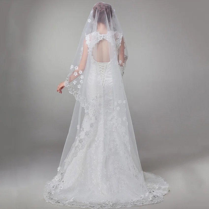 Фата свадебная длинная из тюля белый винтажный тюль для невесты с кристаллами - Фото №1