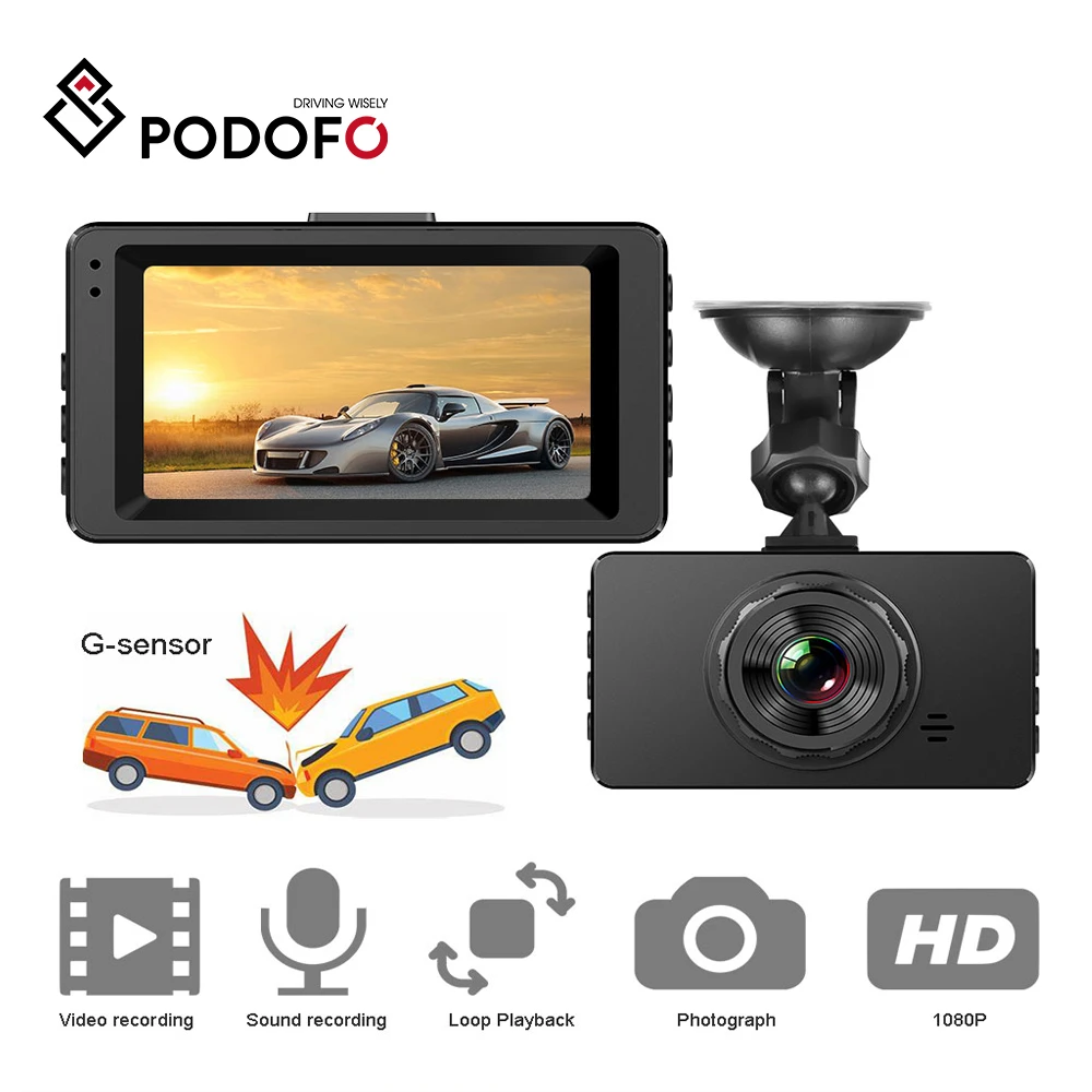 

Podofo 3 inch Dash Cam WDR Car Rear View Camera DVR Night Vision dashcam mirror Reverse Camera Full HD 1080P dvrs Video Recorder