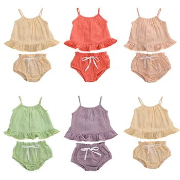 

Newborn Toddler Baby Girls Cotton Linen Clothes Ruffles Sleeveless Vest Tops + Shorts 2Pcs Children Girls Casual Outfit Sets