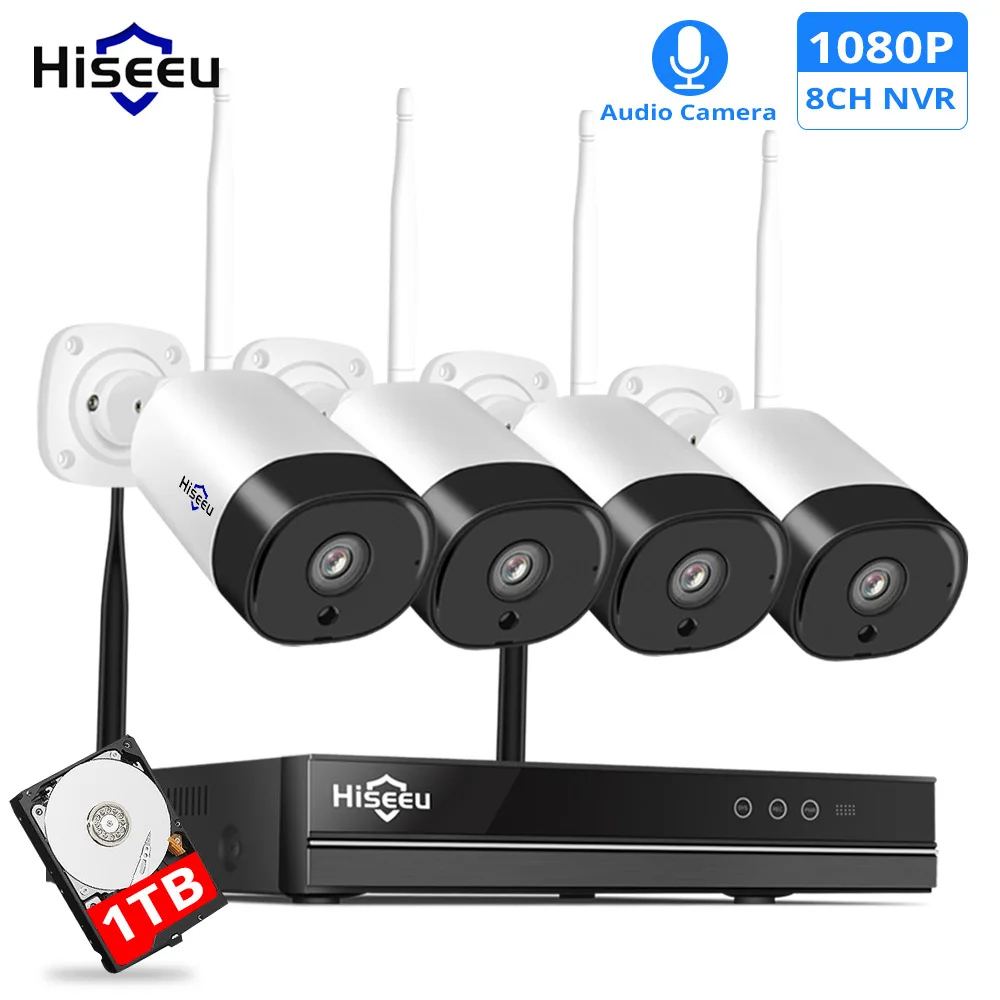 Hiseeu 4CH 1080P Беспроводная система видеонаблюдения 2MP IR наружная аудио запись ip-камера Водонепроницаемая Wifi NVR комплект видеонаблюдения